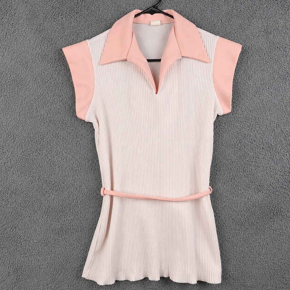 Vintage 70s Sears Mod Preppy Polo Shirt Womens SM/Med Ribbed Tie Waist V-Neck